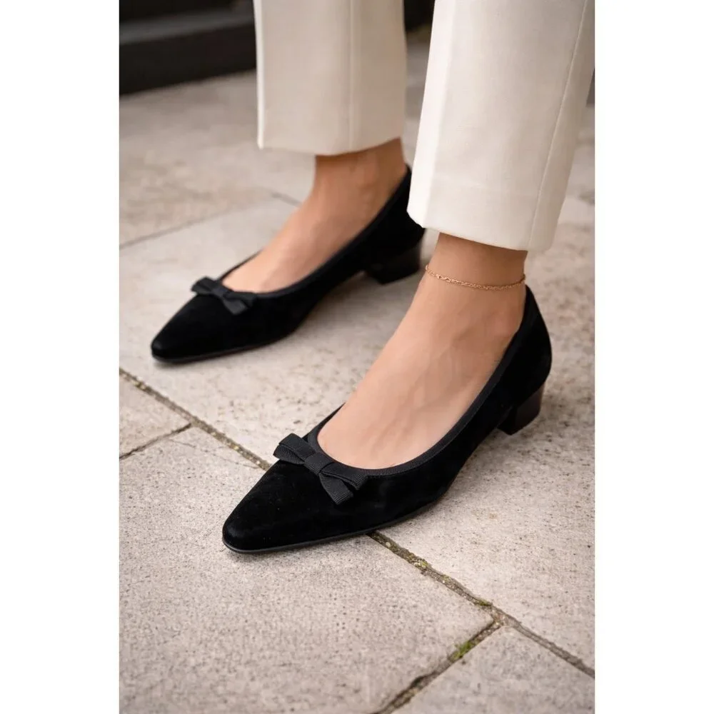 Fabio Rusconi Black Velvet Bow Ballet Flats Pointed Toe Low Heel Italy EU 38